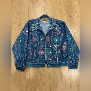 Vintage 80s Wrangler Denim Trucker Jacket Men Large Custom Painted Floral 1 Of 1
